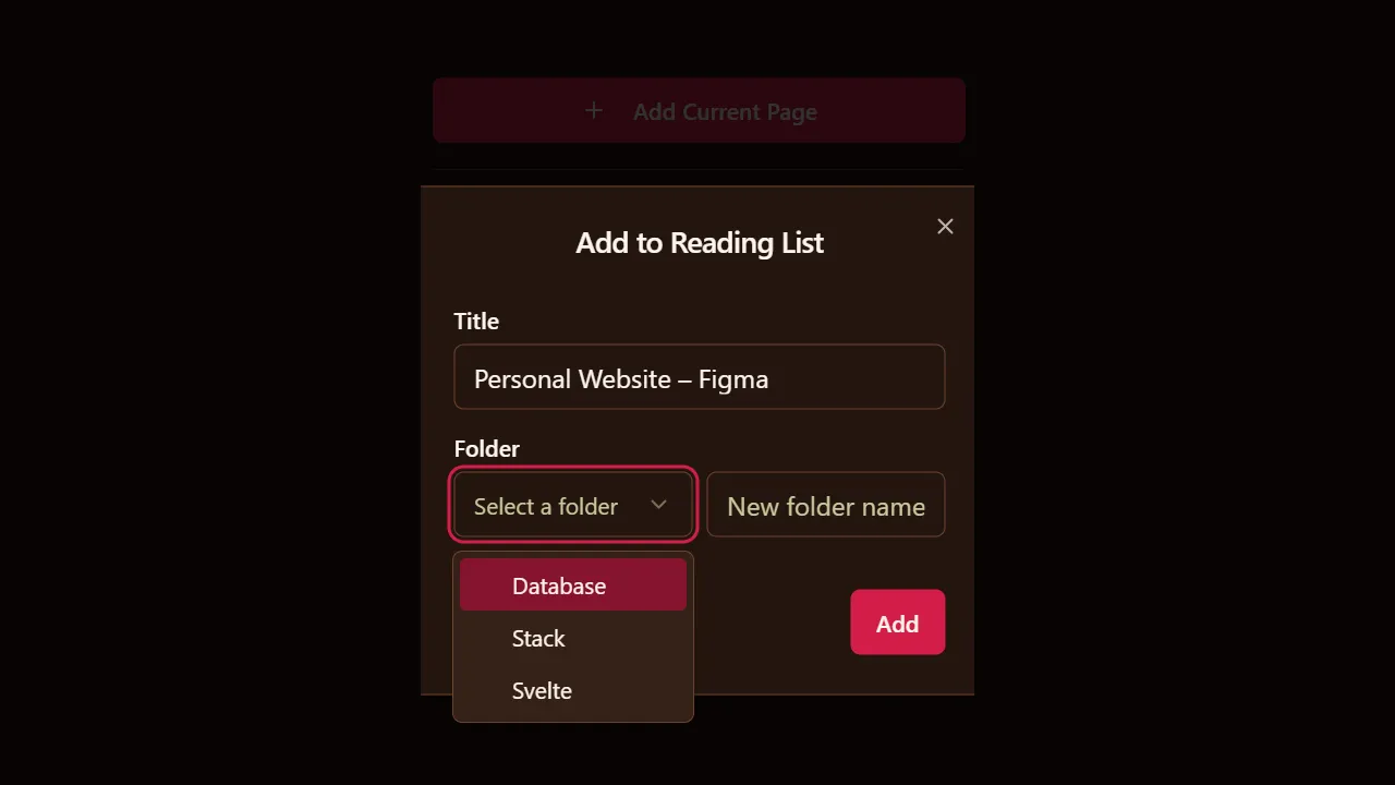 The UI for adding the current page, with fields for title and folder pre-populated.