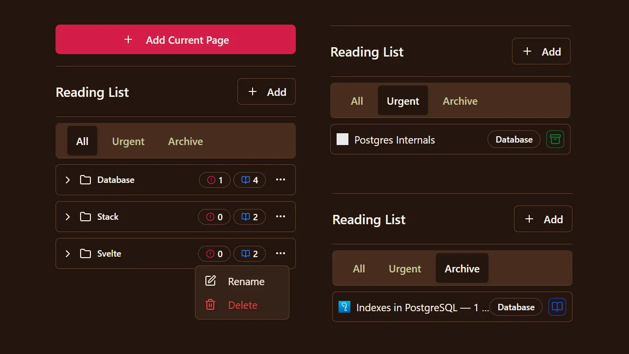 Main page of the ReadVault extension, showing tabs for All, Urgent, and Archive, with folders for different topics.