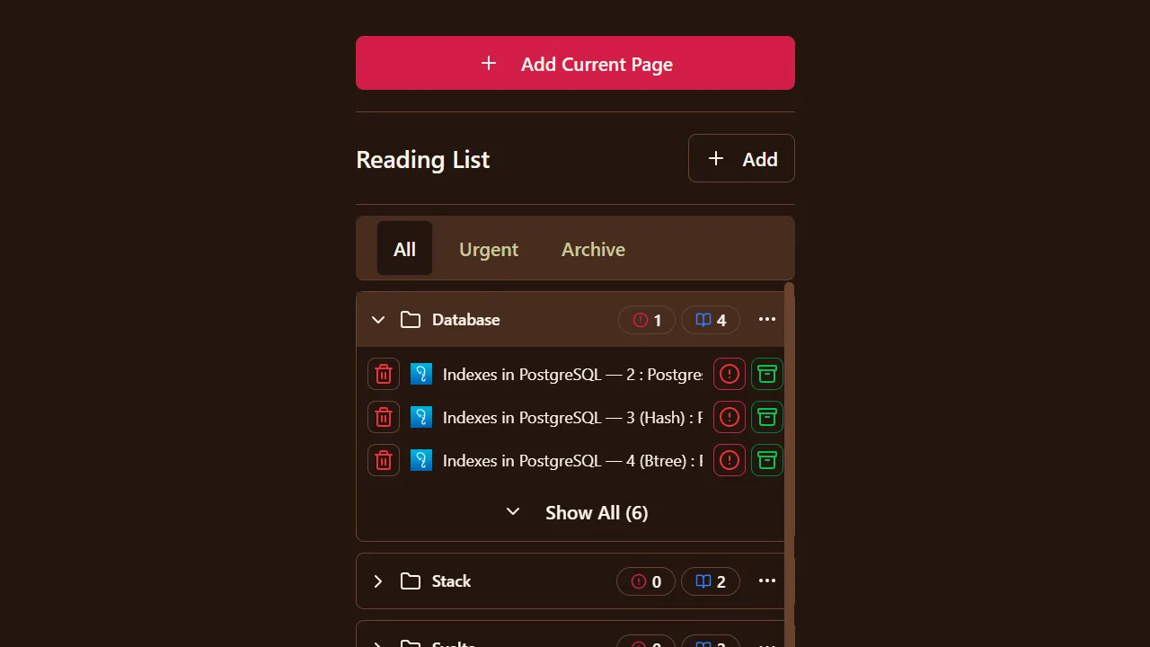 Main page of the ReadVault extension, showing tabs for All, Urgent, and Archive, with folders for different topics.